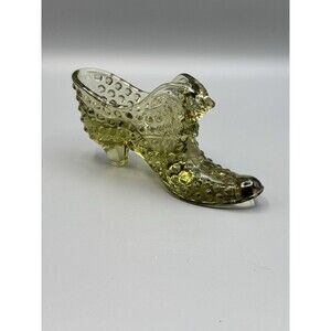 Vintage Fenton Art Glass Olive Green Hobnail Cat Head Shoe Slipper High Heel